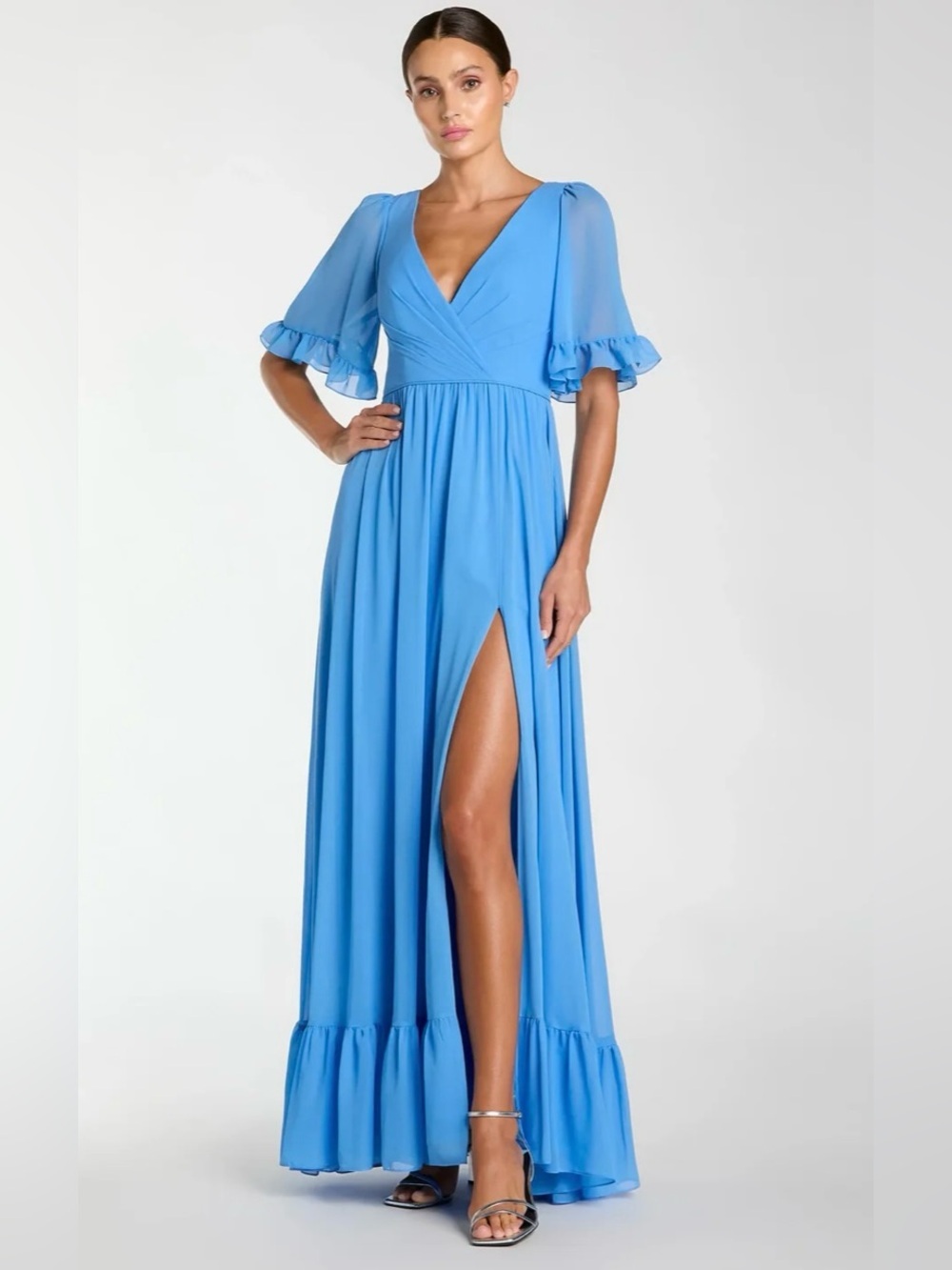 Mac duggal blue faux wrap ruffle trim a-line gown fusion blue size 10 nwt 55867